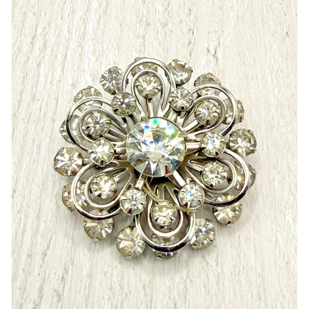 Vintage 1950s Rhinestone Starburst Brooch Silver Tone Floral MCM Pin Crystal